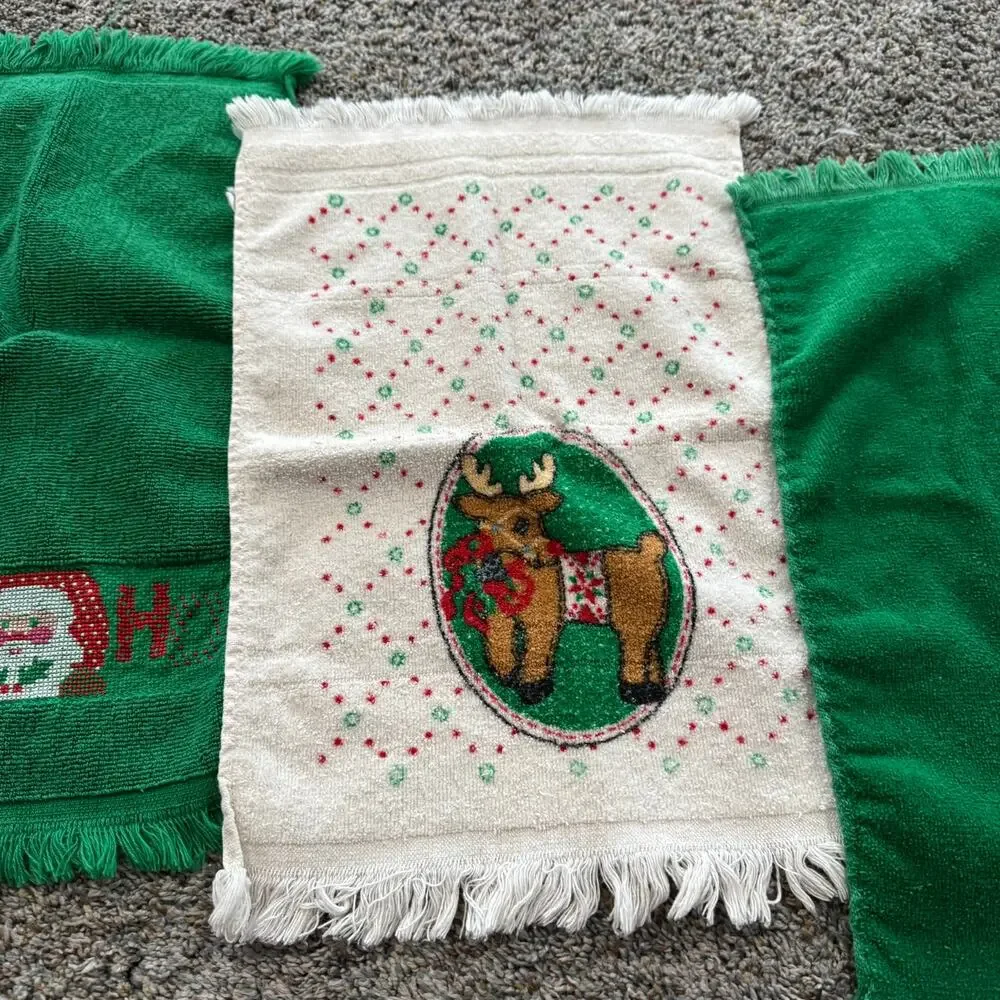 LOT of 3 Christmas Themed Hand Towels Reindeer Santa Claus Stocking & Poinsettia
